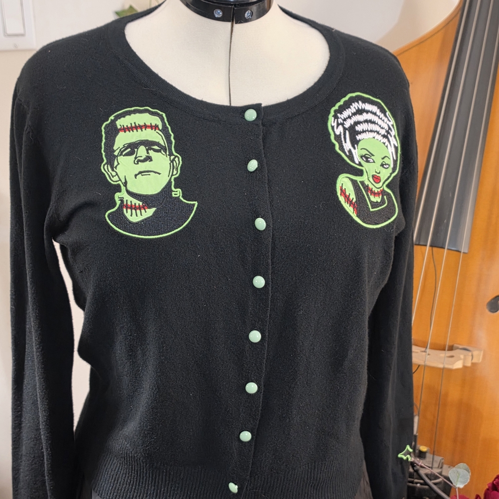 Black Vintage-Inspired Cardigan with Green Embroidered Halloween Motifs - Picture 2 of 4